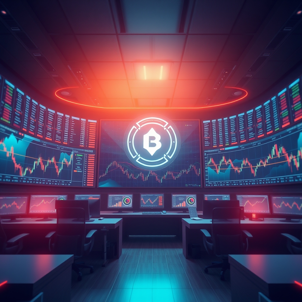 Abstract illustration of a digital trading floor with cryptocurrency charts