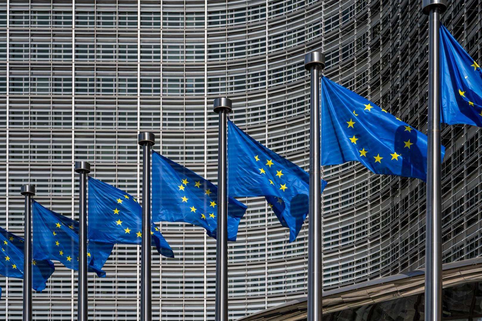 Illustration of European flag and blockchain symbols