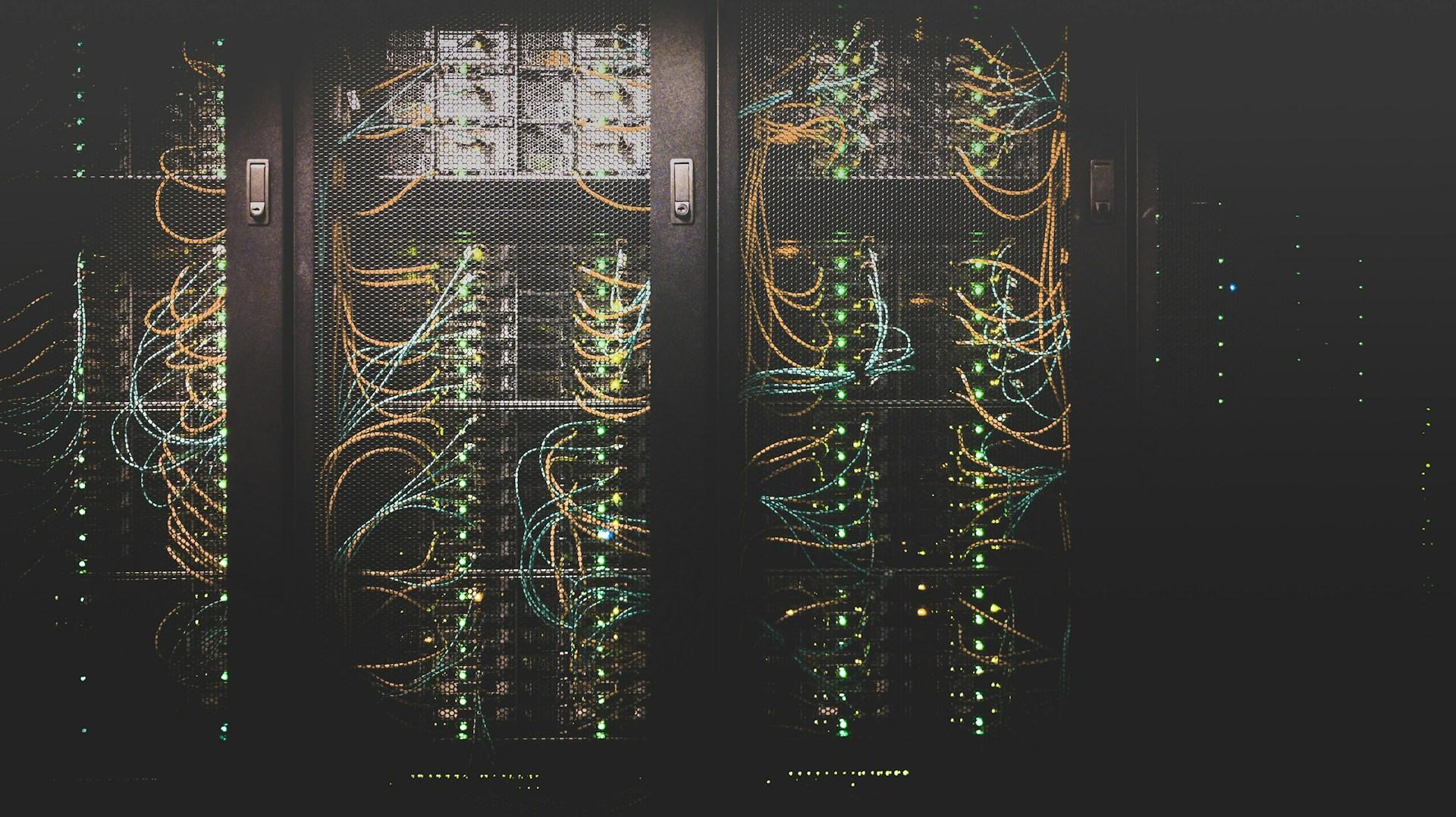 Digital mining rig with Bitcoin symbol in a network of nodes