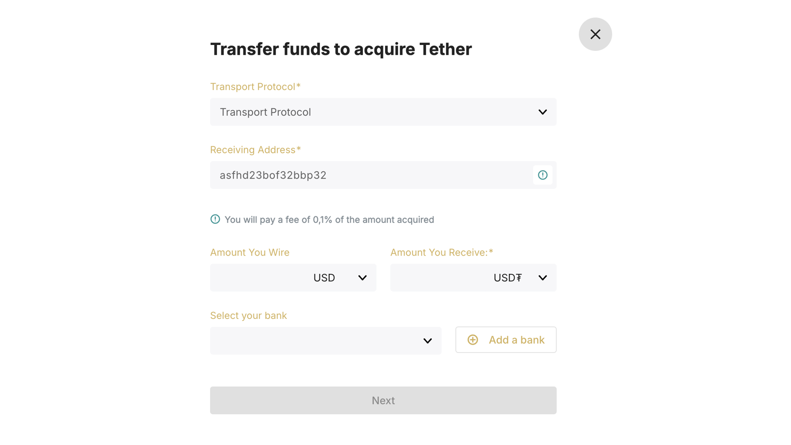 Selecting a network protocol and destination wallet when acquiring USD₮
