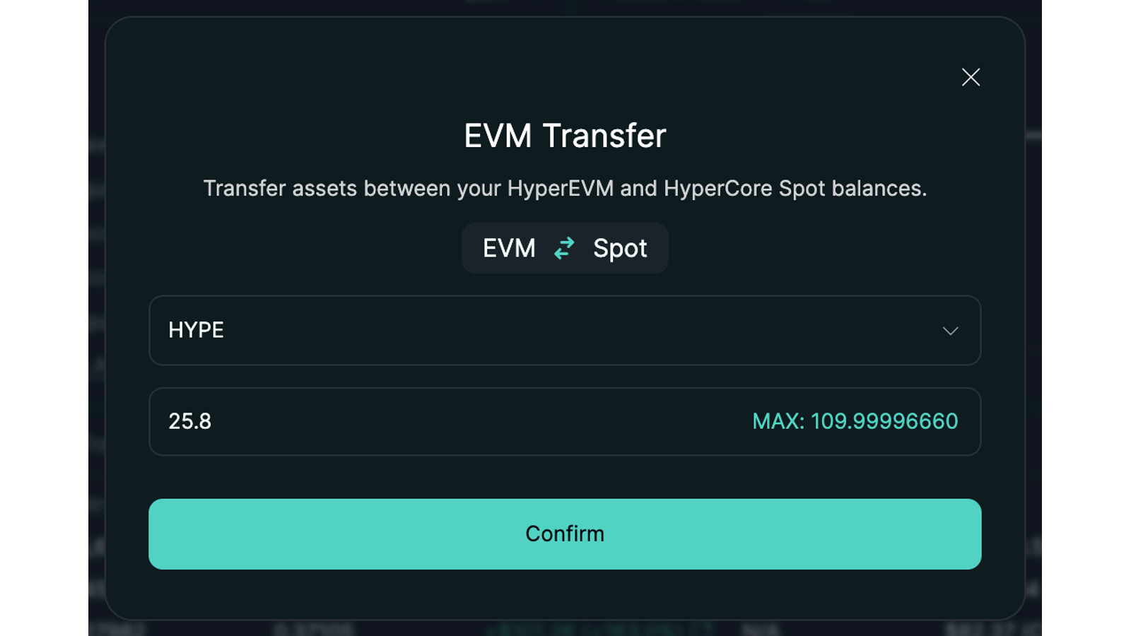 Hyperliquid EVM↔Core transfer интерфейс показывает protocol-native boundary между HyperCore balances и HyperEVM